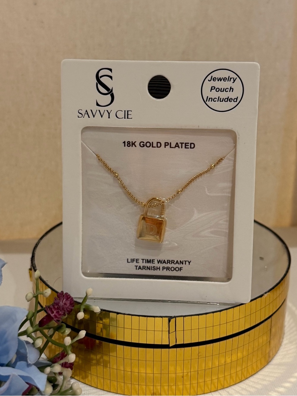 Savvy Cie Gold Padlock Initial “D” Necklace - 18k Gold Plated NEW